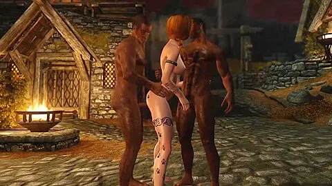 Two Black Guys Fuck A Red-haired Girl In The Porn Game Skyrim
